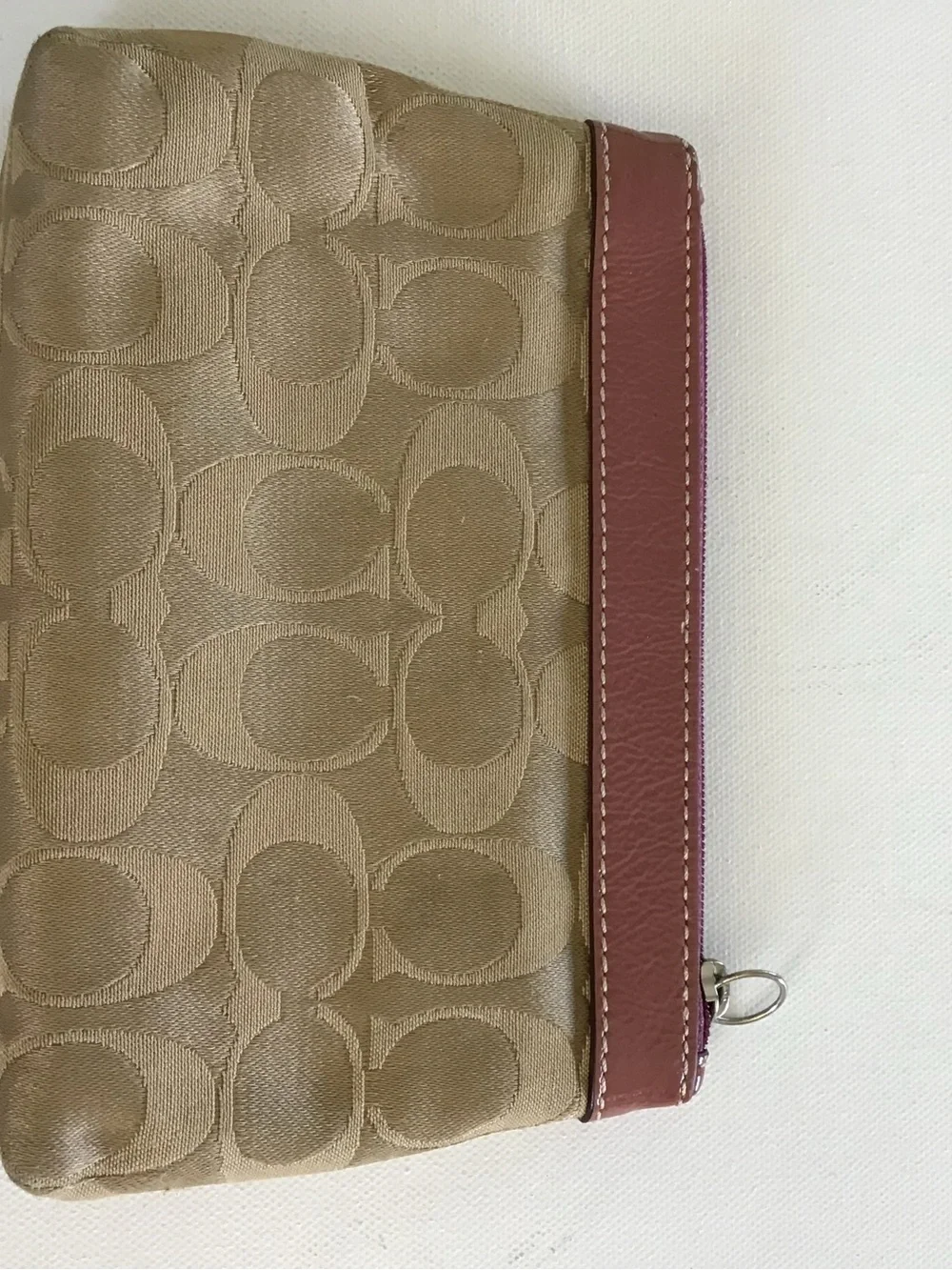 Coach Signature Canvas Zip Cosmetic Pouch Makeup Bag Khaki Mauve